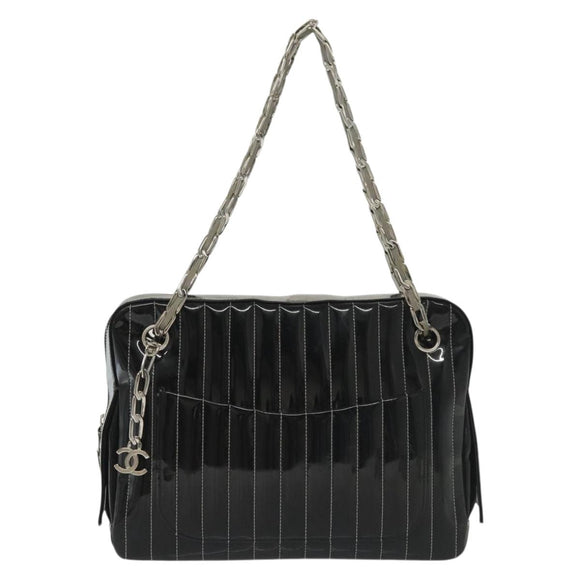 CHANEL Mademoiselle Chain Bag Patent leather Black Silver CC Auth bs29353