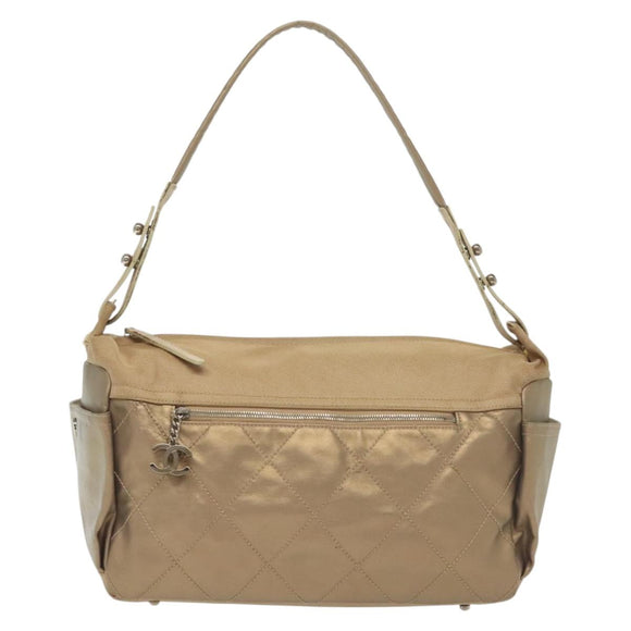 CHANEL Paris Biarritz Shoulder Bag Coated Canvas Beige Silver CC Auth bs29354