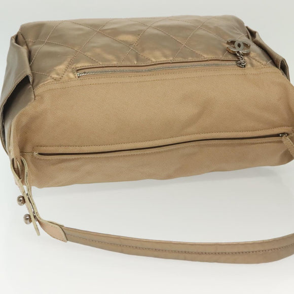 CHANEL Paris Biarritz Shoulder Bag Coated Canvas Beige Silver CC Auth bs29354