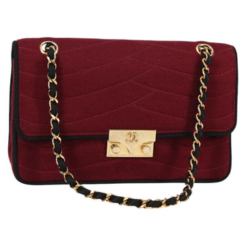 CHANEL Chain Shoulder Bag cotton Bordeaux Gold CC Auth bs29357V