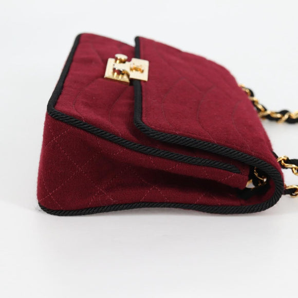 CHANEL Chain Shoulder Bag cotton Bordeaux Gold CC Auth bs29357V