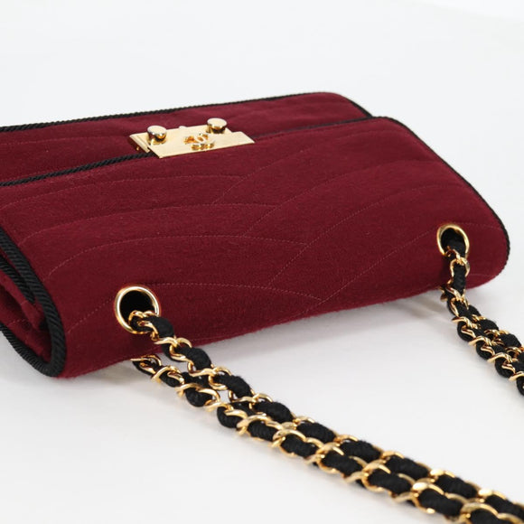 CHANEL Chain Shoulder Bag cotton Bordeaux Gold CC Auth bs29357V
