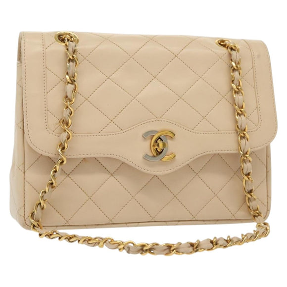 CHANEL Matelasse Paris Only Double Flap Chain Bag Leather Beige CC Auth bs29364