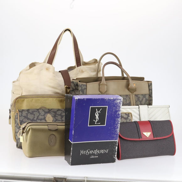 SAINT LAURENT Bag Leather Canvas PVC 8 Set Gray Beige White Auth bs29366