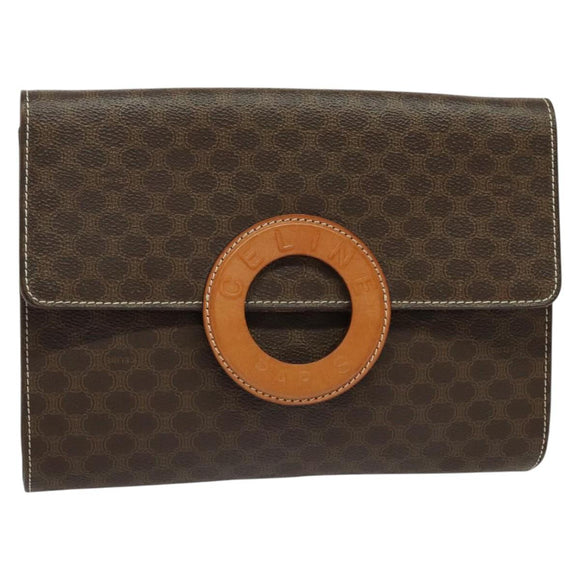 CELINE Macadam Canvas Circle Logo Clutch Bag PVC Leather Brown Gold Auth bs29367