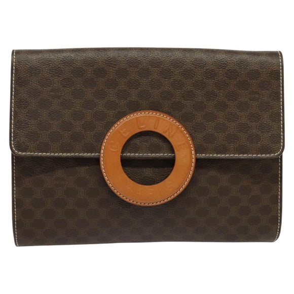 CELINE Macadam Canvas Circle Logo Clutch Bag PVC Leather Brown Gold Auth bs29367