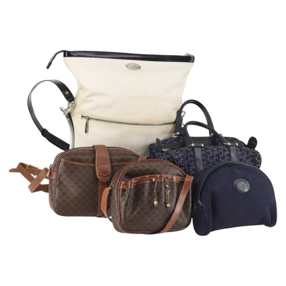 CELINE Macadam C Macadam Bag Canvas PVC Leather 5 Set Brown Navy Auth bs29369