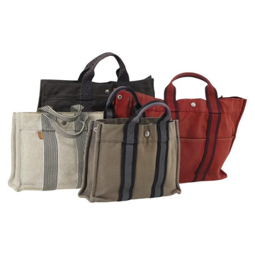 HERMES Her Line Fourre Tout Bag Canvas 4Set Red Brown gray Auth bs29371