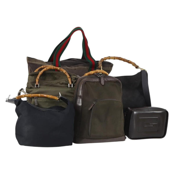 GUCCI Bamboo Web Sherry Line Bag Leather Canvas 6 Set Beige Black Auth bs29373