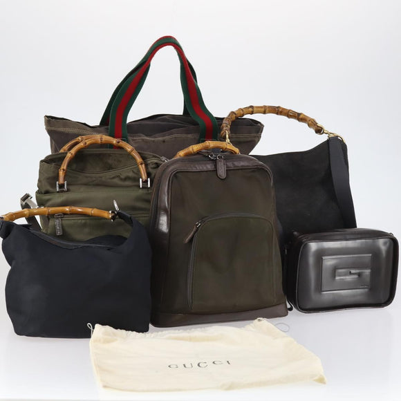 GUCCI Bamboo Web Sherry Line Bag Leather Canvas 6 Set Beige Black Auth bs29373