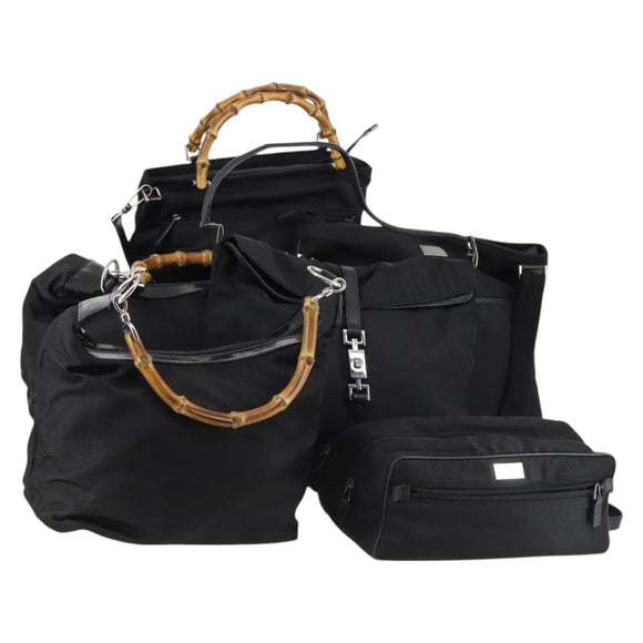 GUCCI Bamboo Jackie Shoulder Bag Nylon 6Set Black Auth bs29393