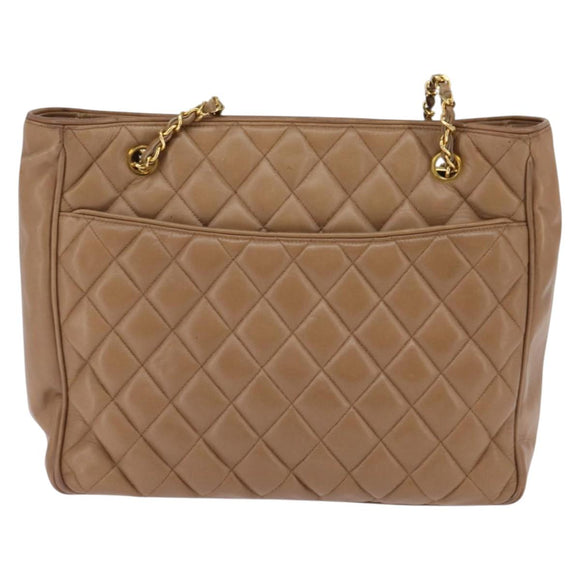 CHANEL Matelasse Chain Shoulder Bag Lamb Skin Beige Gold CC Auth bs29410