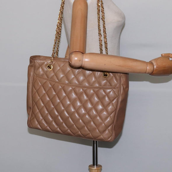 CHANEL Matelasse Chain Shoulder Bag Lamb Skin Beige Gold CC Auth bs29410