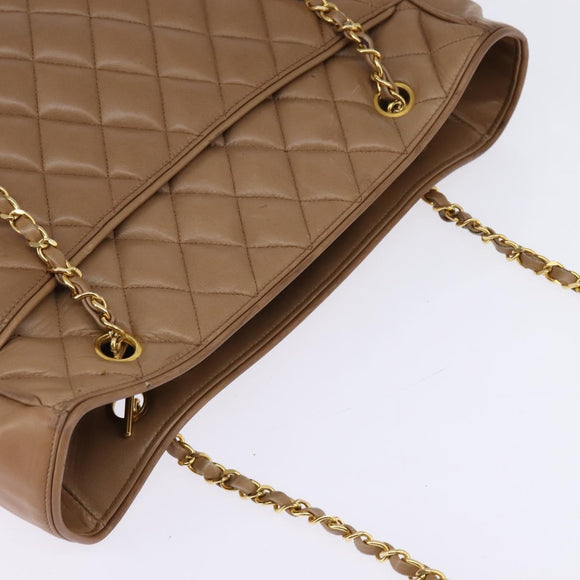 CHANEL Matelasse Chain Shoulder Bag Lamb Skin Beige Gold CC Auth bs29410