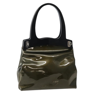 Salvatore Ferragamo Gancini Bag Patent leather Silver Olive Green Auth bs29443