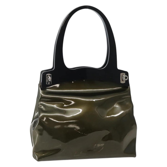 Salvatore Ferragamo Gancini Bag Patent leather Silver Olive Green Auth bs29443