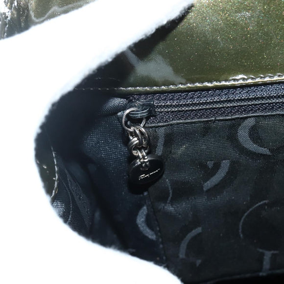 Salvatore Ferragamo Gancini Bag Patent leather Silver Olive Green Auth bs29443