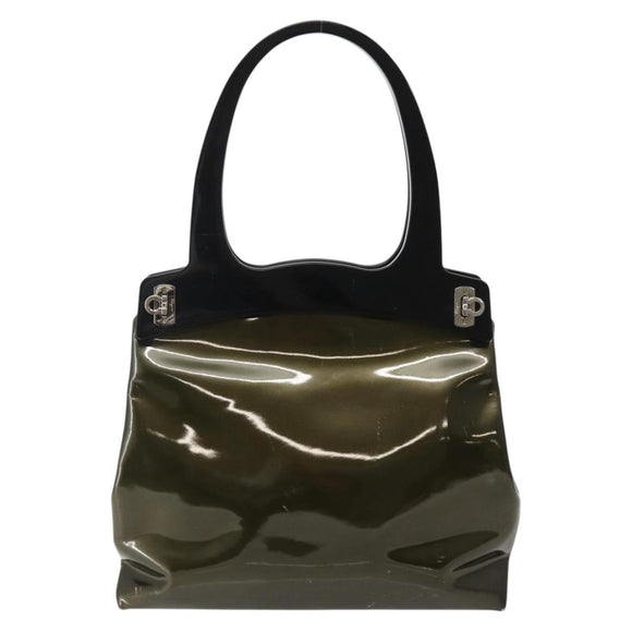 Salvatore Ferragamo Gancini Bag Patent leather Silver Olive Green Auth bs29443