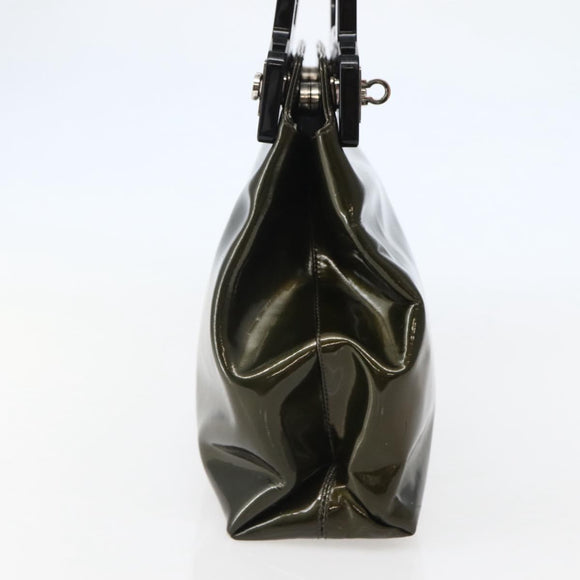 Salvatore Ferragamo Gancini Bag Patent leather Silver Olive Green Auth bs29443
