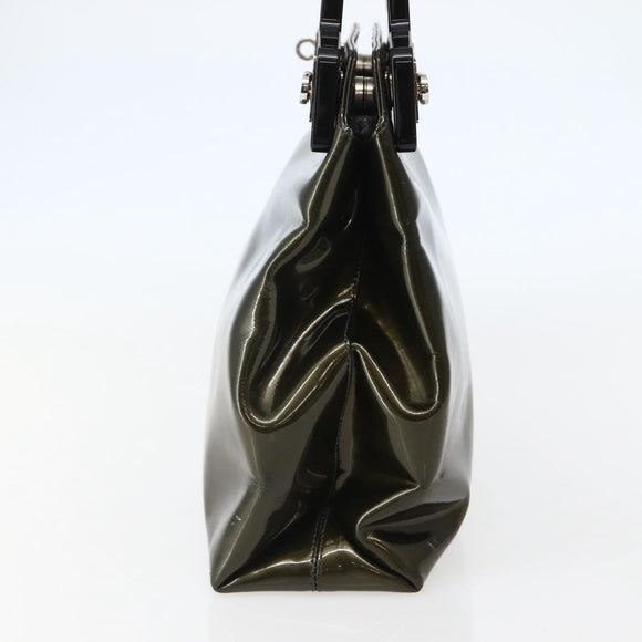 Salvatore Ferragamo Gancini Bag Patent leather Silver Olive Green Auth bs29443