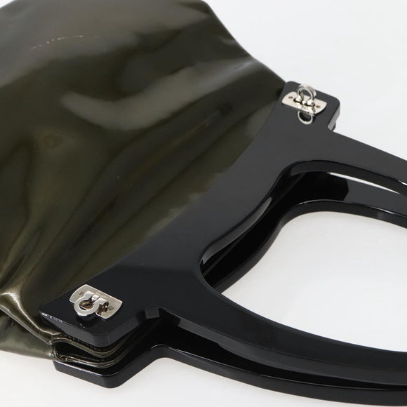 Salvatore Ferragamo Gancini Bag Patent leather Silver Olive Green Auth bs29443