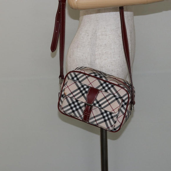 BURBERRY Nova Check Blue Label Shoulder Bag Canvas Beige Silver Auth bs29446