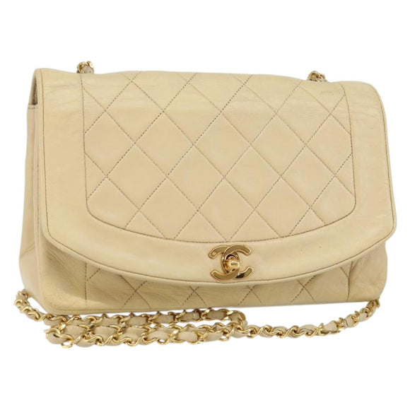 CHANEL Matelasse Chain Diana Shoulder Bag Lamb Skin Beige Gold CC Auth bs29451
