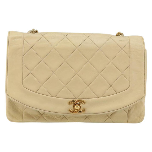 CHANEL Matelasse Chain Diana Shoulder Bag Lamb Skin Beige Gold CC Auth bs29451
