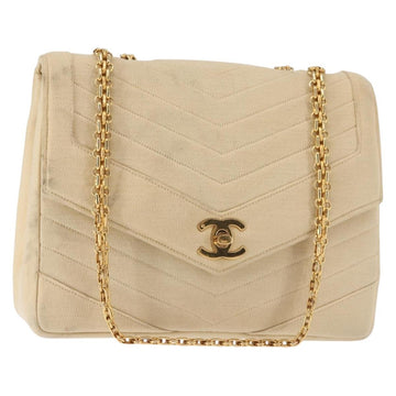 CHANEL V stitch Chain Shoulder Bag cotton Vintage Beige Gold CC Auth bs29453