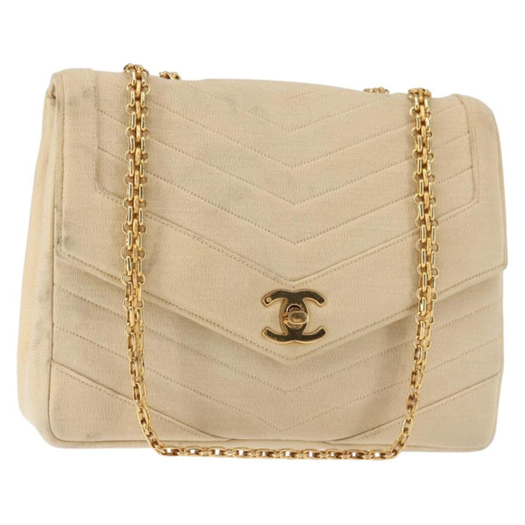 CHANEL V stitch Chain Shoulder Bag cotton Vintage Beige Gold CC Auth bs29453