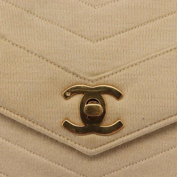 CHANEL V stitch Chain Shoulder Bag cotton Vintage Beige Gold CC Auth bs29453
