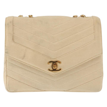 CHANEL V stitch Chain Shoulder Bag cotton Vintage Beige Gold CC Auth bs29453 - 0