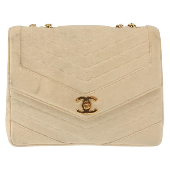 CHANEL V stitch Chain Shoulder Bag cotton Vintage Beige Gold CC Auth bs29453