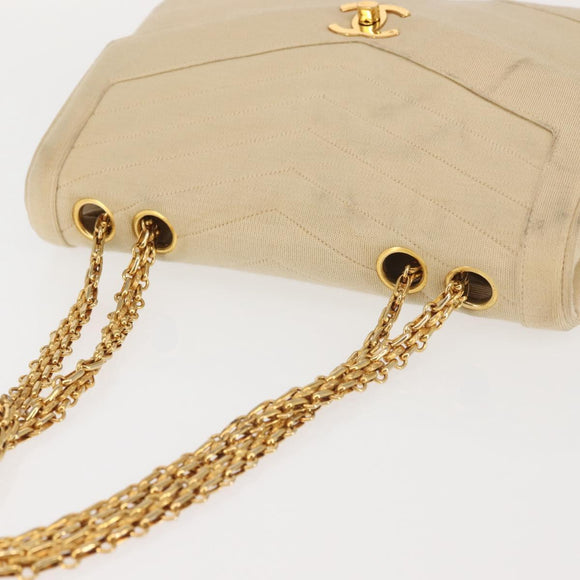 CHANEL V stitch Chain Shoulder Bag cotton Vintage Beige Gold CC Auth bs29453