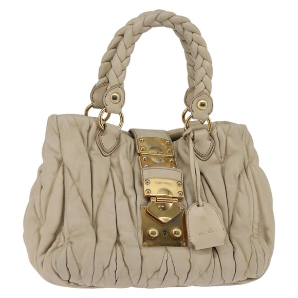 Miu Miu Matelasse Hand Bag Leather Beige Gold Auth bs29465