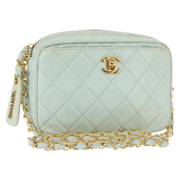CHANEL Matelasse Chain Shoulder Bag Lamb Skin Light Blue Gold CC Auth bs29467