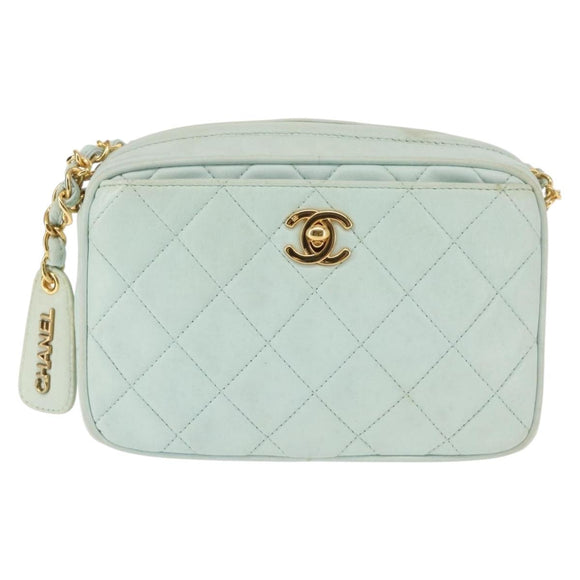 CHANEL Matelasse Chain Shoulder Bag Lamb Skin Light Blue Gold CC Auth bs29467
