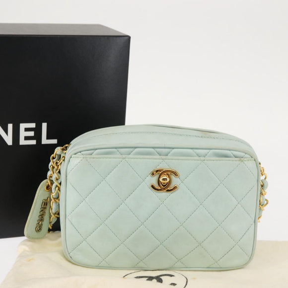 CHANEL Matelasse Chain Shoulder Bag Lamb Skin Light Blue Gold CC Auth bs29467