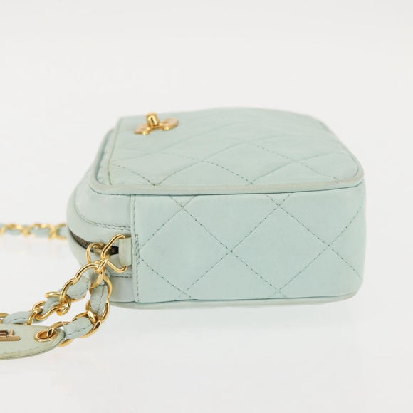 CHANEL Matelasse Chain Shoulder Bag Lamb Skin Light Blue Gold CC Auth bs29467