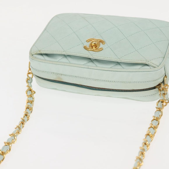 CHANEL Matelasse Chain Shoulder Bag Lamb Skin Light Blue Gold CC Auth bs29467