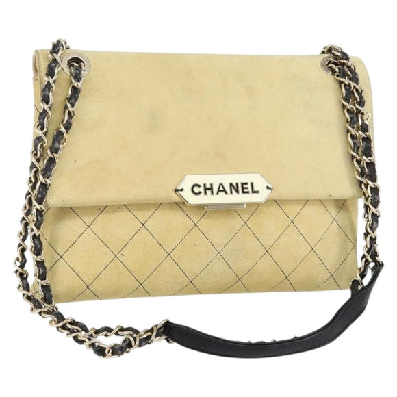 CHANEL Matelasse Chain Shoulder Bag Suede Beige gold CC Auth bs29483