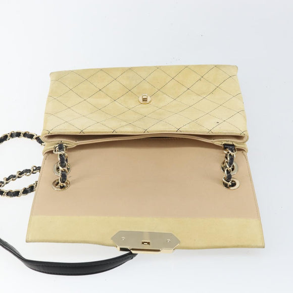 CHANEL Matelasse Chain Shoulder Bag Suede Beige gold CC Auth bs29483