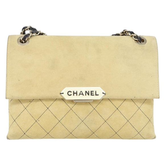 CHANEL Matelasse Chain Shoulder Bag Suede Beige gold CC Auth bs29483