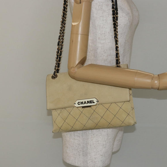 CHANEL Matelasse Chain Shoulder Bag Suede Beige gold CC Auth bs29483