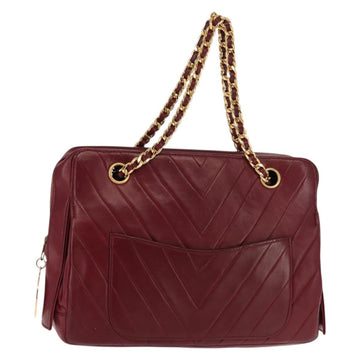 BALLY V Stitch Chain Hand Bag Lamb Skin Bordeaux Gold Auth bs29487