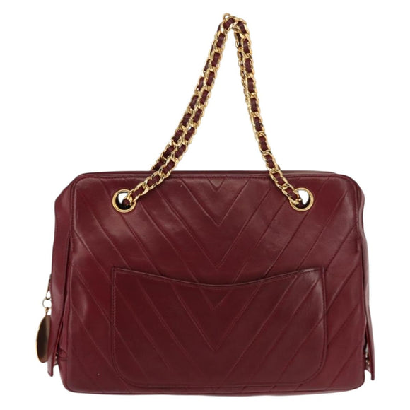 BALLY V Stitch Chain Hand Bag Lamb Skin Bordeaux Gold Auth bs29487
