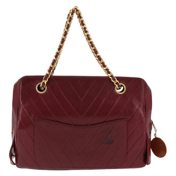 BALLY V Stitch Chain Hand Bag Lamb Skin Bordeaux Gold Auth bs29487 - 0