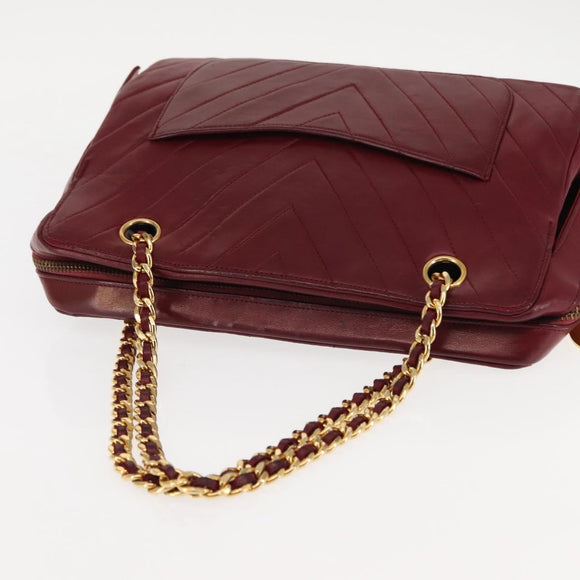 BALLY V Stitch Chain Hand Bag Lamb Skin Bordeaux Gold Auth bs29487