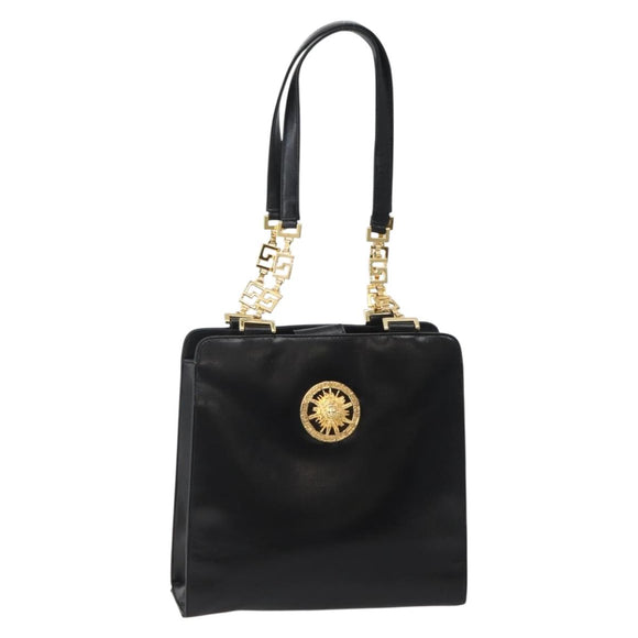Gianni Versace Chain Tote Bag Leather Black Gold Auth bs29493