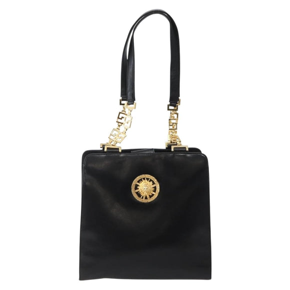 Gianni Versace Chain Tote Bag Leather Black Gold Auth bs29493